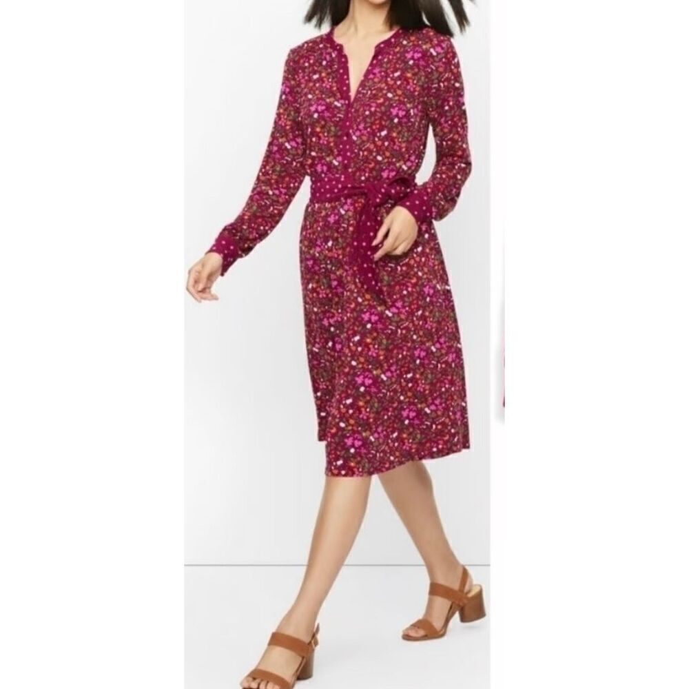 Talbots Womens Floral Contrast Belted Dress Long Sleeve Slit Neck Stretch Sz L